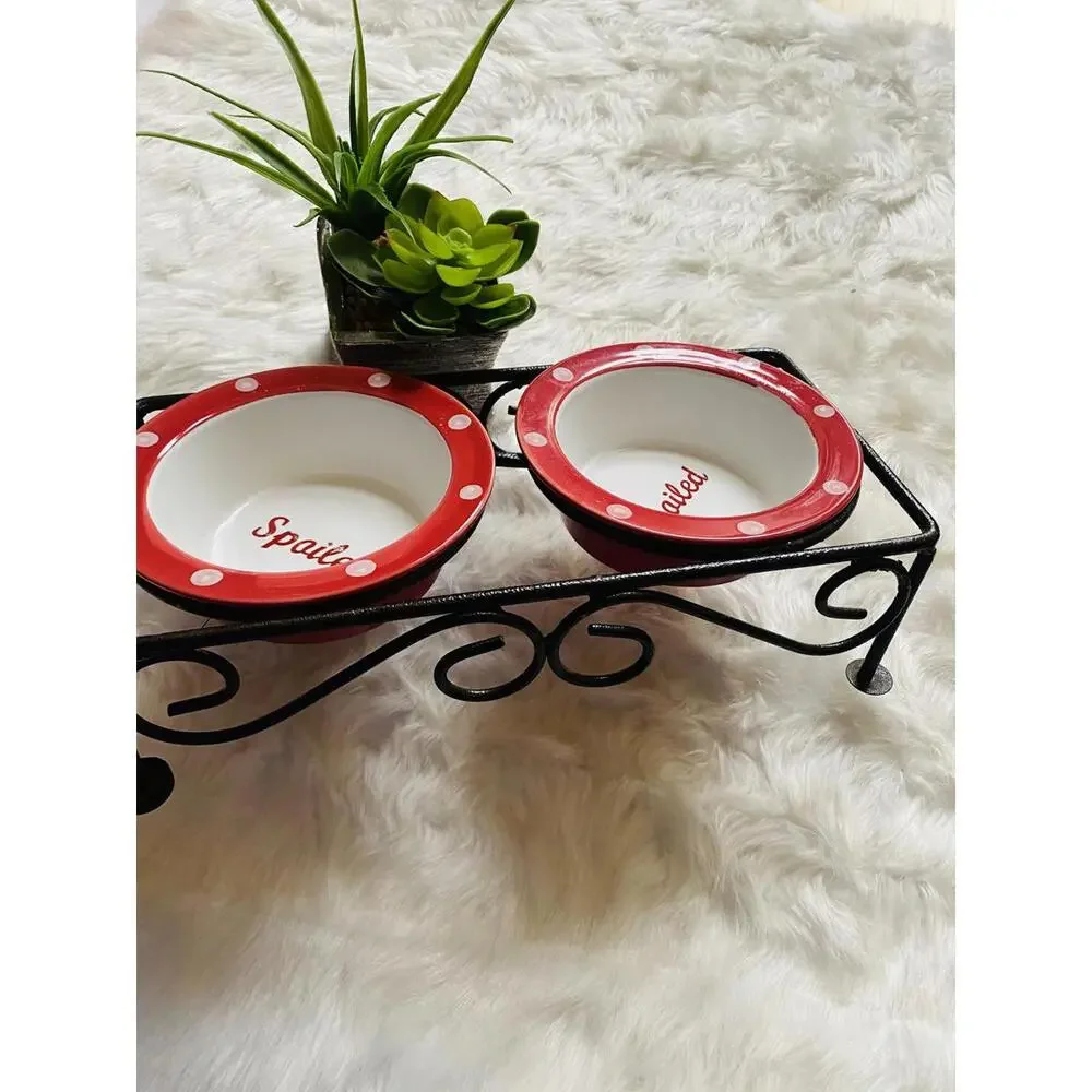 Double Ceramic Pet Bowls with Metal Stand - Red Polka Dot Design